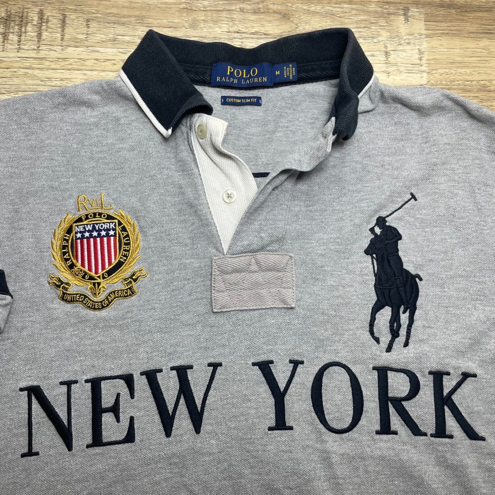 Polo Ralph Lauren Custom Slim Fit New York Big Pony Polo Shirt Gray Mens M Rugby